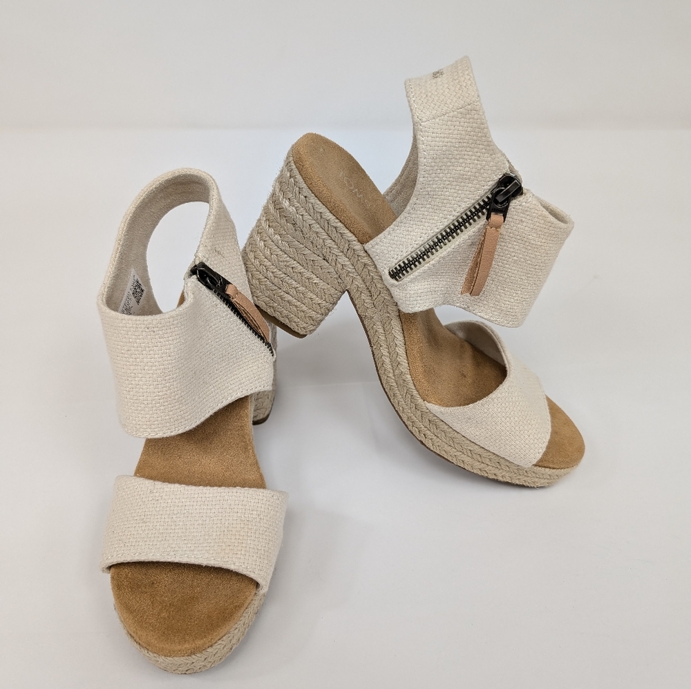 Toms Cream Canvas Espadrille Block Heel Sandals with Ankle Zip